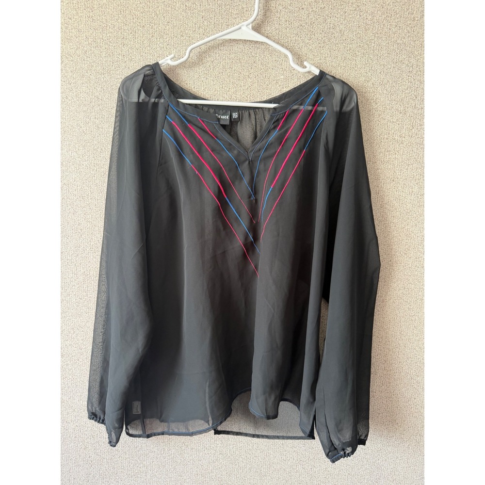 Cruel‎ Womens XXL Black Sheer Embroidered Split Back Long Sleeve Blouse Top